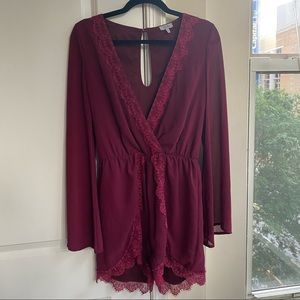 Burgundy lace trim romper